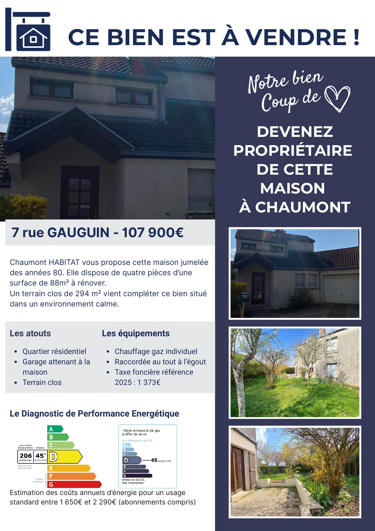 Présentation de la maison au 7 rue Gauguin : photos, équipements et diagnostic énergétique. Détails dans le PDF téléchargeable ci-dessus.